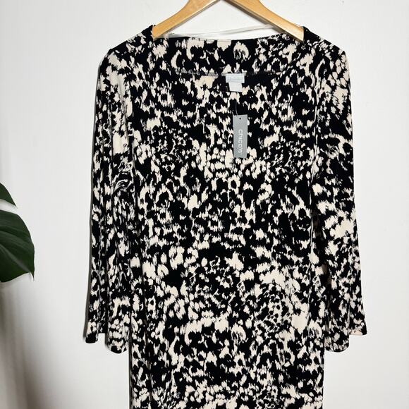 Chico's Travelers Dress Women 2 (12/14) Plus Size Black White Modest Minimal NWT - Picture 4 of 7